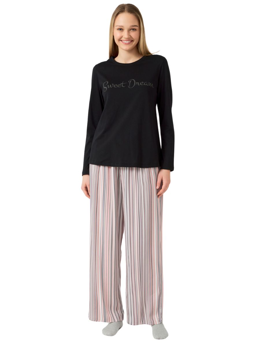 Μαύρες Γυναικείες Πιτζάμες “Sweet Dream” με Ριγέ Παντελόνι Minerva 52987-045