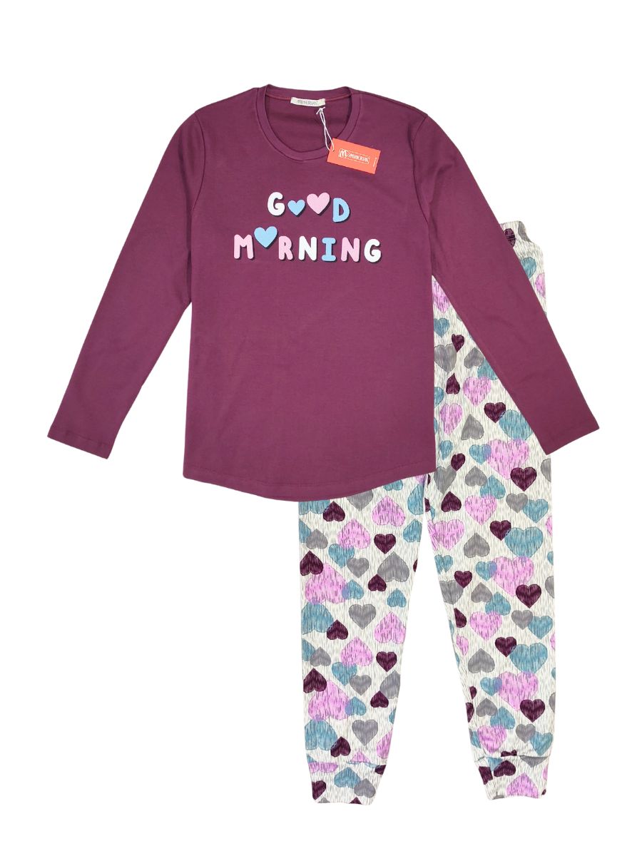 Γυναικεία Πιτζάμα Minerva “Good Morning” Με Καρδιές 100% Βαμβάκι Λιλά 52645-839