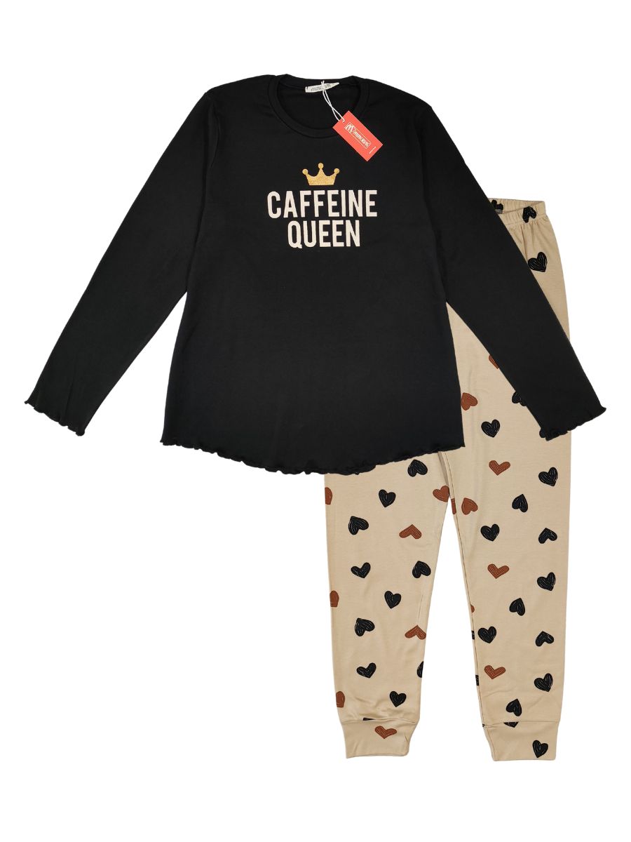 Minerva Γυναικείες Πιτζάμες Caffeine Queen Με Καρδιές Μαύρο 52627-45